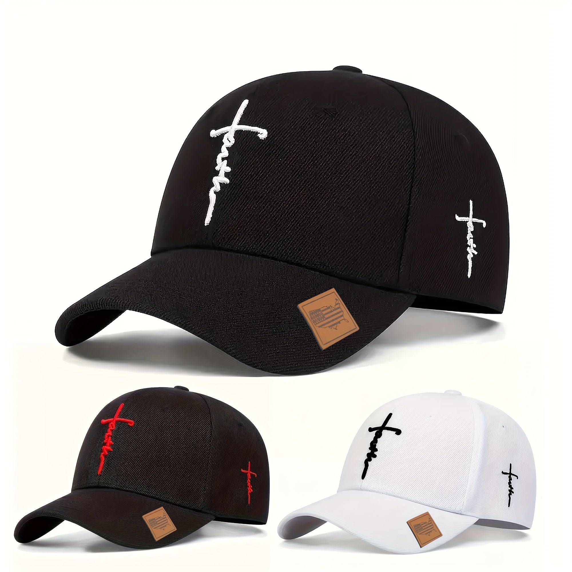 Faith Cross Embroidered Baseball Cap - Unisex, Adjustable Snapback, Lightweight, 100% Polyester, Solid Color, Non-Stretch, Casual Sports Hat with Woven Craftsmanship Faith Cross Embroidered Baseball Cap - Unisex, Adjustable Snapback, Lightweight, 100% Polyester, Solid Color, Non-Stretch, Casual Sports Hat with Woven Craftsmanship